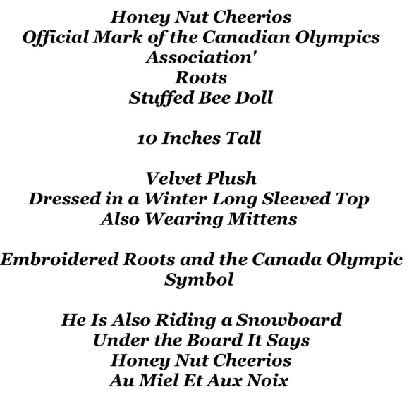 Vintage Honey Nut Cheerios Snowboarding Bee Doll Roots Canadian Olympics - Picture 10 of 10